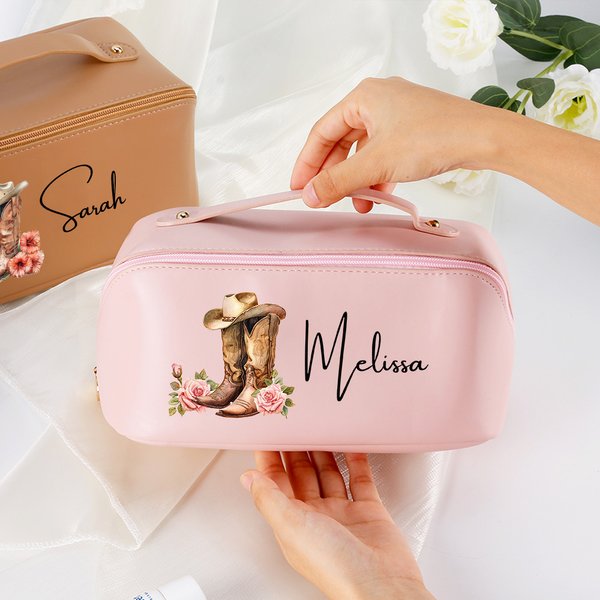 Personalised Birth Flower Western Cowgirl Boots Hat Design Name PU Leather Makeup Bag with Handle Portable Travel Accessories Birthday Gift for Women