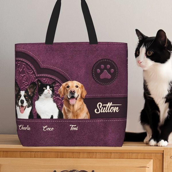 Modello retrò personalizzato 1-3 Foto di animali domestici Stampa a zampa Borsa Tote grande con nome Regalo di compleanno per gli amanti degli animali domestici mamma cane