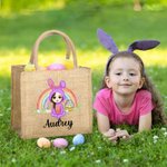 Personalized Rainbow Bunny Suit Cartoon Character Jute Tote Bag with Name Reusable Easter Party Gift for Kids
