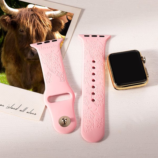 Personalized Engraved Highland Cow Silicone Watch Band for Apple Samsung Fitbit with Name Birthday Anniversary Gift for Highland Cow Lover