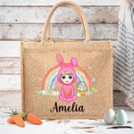 Personalized Rainbow Bunny Suit Cartoon Character Jute Tote Bag with Name Reusable Easter Party Gift for Kids