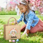 Personalized Rainbow Bunny Suit Cartoon Character Jute Tote Bag with Name Reusable Easter Party Gift for Kids
