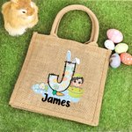 Gepersonaliseerde Funny Bunny Initial Easter Egg Character Jute Tote Bag met naam Gelukkig paaseieren jagen verjaardagscadeau voor kinderen familie