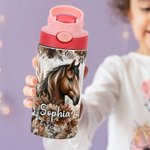 Personalized Boho Style Floral Horse 12oz Name Water Bottle with Silicone Straw and Handle Birthday Back to School Gift for Kids Horse Lovers