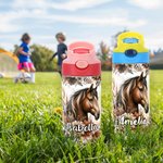 Personalized Boho Style Floral Horse 12oz Name Water Bottle with Silicone Straw and Handle Birthday Back to School Gift for Kids Horse Lovers