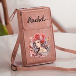 Personalisierte anthropomorphe Geburt Blume Leder Crossbody Bag Brieftasche mit Namen und Kartenschlitze Geburtstag Reisezubehör Geschenk für Frauen
