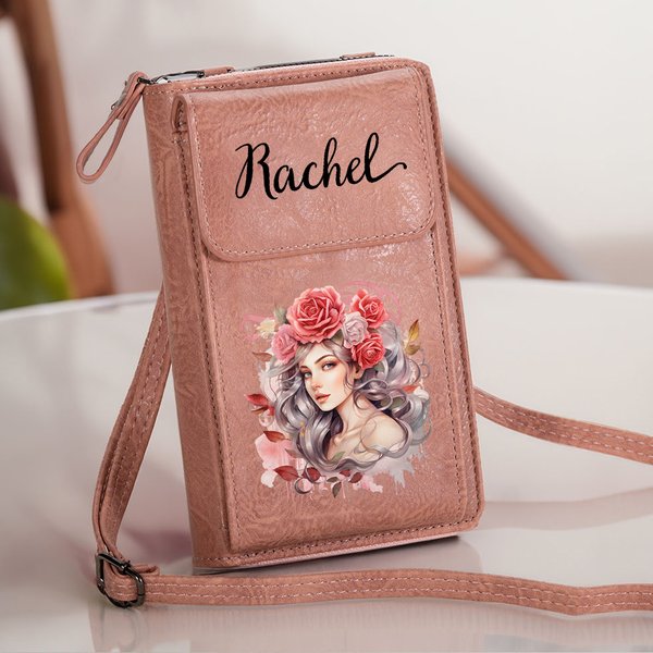 Personalised Anthropomorphic Birth Flower Leather Crossbody Bag Wallet with Name and Card Slots Birthday Travel Accessories Gift for Women