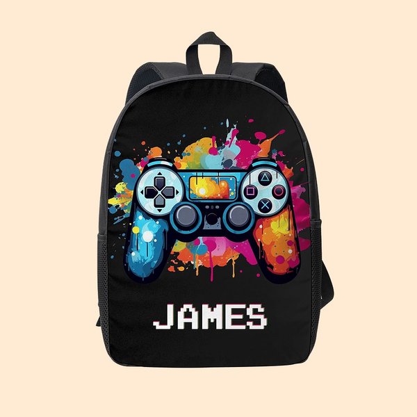 Gepersonaliseerde Kleurrijke Inktspatten Gamepad Stijl Pixel Rugzak met Naam Terug naar School Verjaardags Cadeau voor Studenten Game Liefhebbers