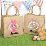 Personalized Rainbow Bunny Suit Cartoon Character Jute Tote Bag with Name Reusable Easter Party Gift for Kids