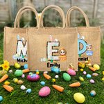 Gepersonaliseerde Funny Bunny Initial Easter Egg Character Jute Tote Bag met naam Gelukkig paaseieren jagen verjaardagscadeau voor kinderen familie