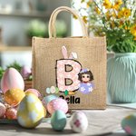 Gepersonaliseerde Funny Bunny Initial Easter Egg Character Jute Tote Bag met naam Gelukkig paaseieren jagen verjaardagscadeau voor kinderen familie