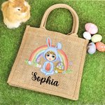 Personalized Rainbow Bunny Suit Cartoon Character Jute Tote Bag with Name Reusable Easter Party Gift for Kids