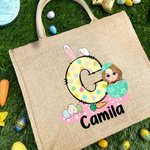 Gepersonaliseerde Funny Bunny Initial Easter Egg Character Jute Tote Bag met naam Gelukkig paaseieren jagen verjaardagscadeau voor kinderen familie