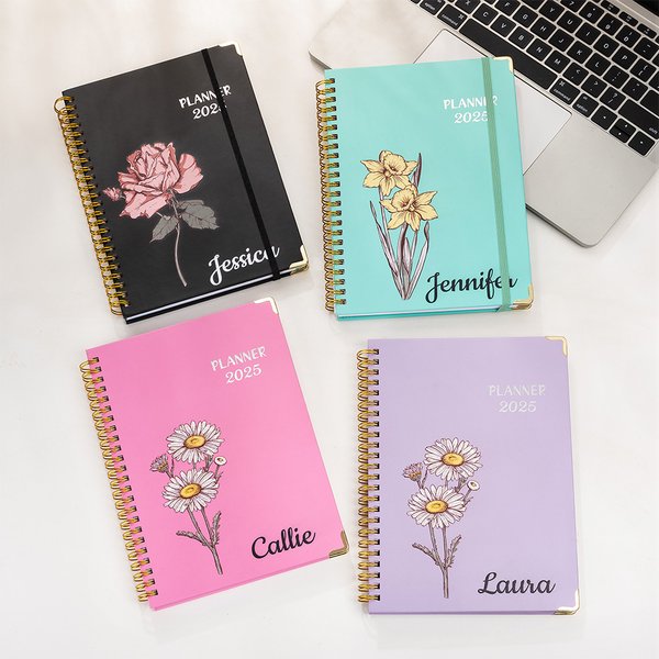 Personalized Birth Flower 2025 Planner Spiral A5 Name Notebook with Weekly and Monthly Planning Pages Birthday New Year Gift for Family Friends