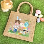 Personalised Rainbow Bunny Ear Cartoon Character Jute Tote Bag with Name Reusable Easter Party Gift for Kids