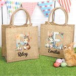 Coniglietto acquerellato personalizzato Fiori Uova iniziali Borsa in iuta con nome Regalo di compleanno di Pasqua per bambini