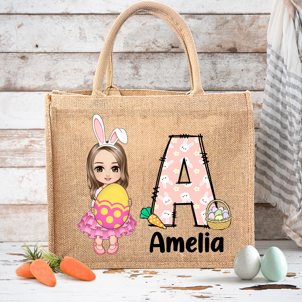 Sac en toile de jute personnalisé avec nom et prénom pour la chasse aux oeufs de Pâques Cadeau pour les enfants