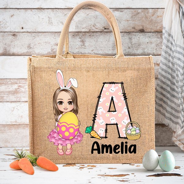 Personalisierte Niedliche Osterei Cartoon Junge Mädchen Jute Tasche mit Namen und Initiale Große Kapazität Tote Bag Party Geschenk für Kinder