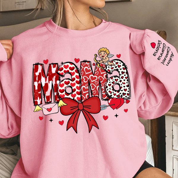 Personalized Cupid Bow Heart Print Title Multicolor T-shirt Sweatshirt with 1-16 Names Valentine's Day Mother's Day Gift for Mom Grandma