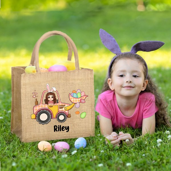 Gepersonaliseerde Bunny Cartoon Karakter Graafmachine Paaseieren Jute Draagtas met Naam Paasfeest Verjaardagscadeau voor Jongens Meisjes