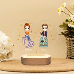 Personalized Cartoon Couple Zodiac Sign Heart-shaped Name LED Night Light with Wooden Base Home Decor Valentine's Day Anniversary Gift for Couple