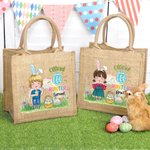 Personalised Rainbow Bunny Ear Cartoon Character Jute Tote Bag with Name Reusable Easter Party Gift for Kids