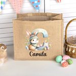 Coniglietto acquerellato personalizzato Fiori Uova iniziali Borsa in iuta con nome Regalo di compleanno di Pasqua per bambini