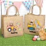 Personalisiertes Tote Bag Jute-Tasche Hase Cartoon Charakter Bagger Ostereier mit Namen Ostern Party Geburtstag Geschenk für Jungen Mädchen