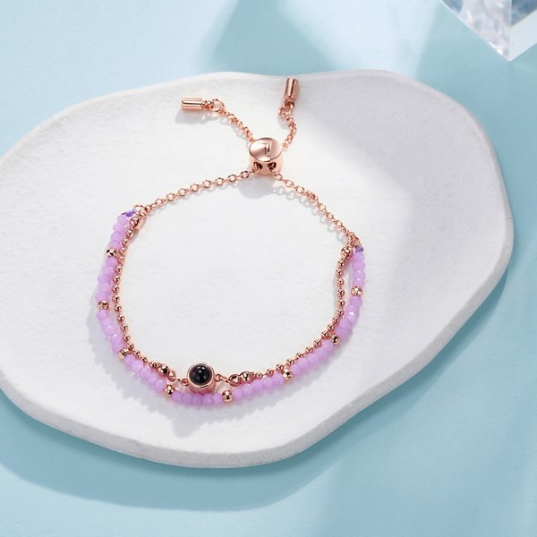 Personalized Photo Projection Adjustable Double Chain Bead Bracelet with 100 Languages Dainty Jewelry Anniversary Birthday Gift for Women