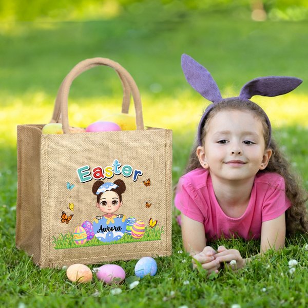 Personalized Colorful Easter Craked Broken Eggshell Cartoon Boy Girl Jute Tote Bag with Name Egg Hunting Party Favors Birthday Gift for Kids