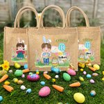 Personalised Rainbow Bunny Ear Cartoon Character Jute Tote Bag with Name Reusable Easter Party Gift for Kids