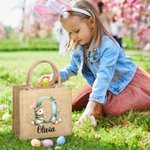 Coniglietto acquerellato personalizzato Fiori Uova iniziali Borsa in iuta con nome Regalo di compleanno di Pasqua per bambini