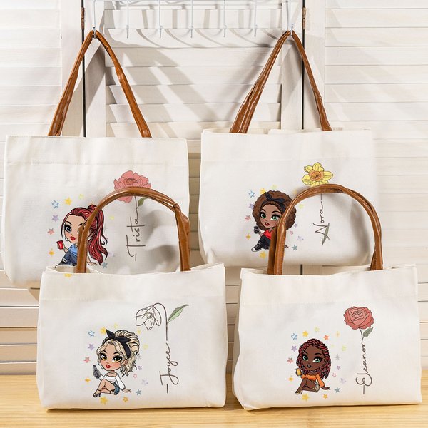 Personalisierte Mode Cartoon Mädchen Geburt Blume Name Canvas große Tragetasche mit Ledergriff Geburtstag Geschenk für Frauen