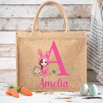 Personalizzato Cartoon personaggio costume coniglietto uova iniziale Iuta Tote Bag con nome regalo di compleanno di Pasqua per ragazzi ragazze