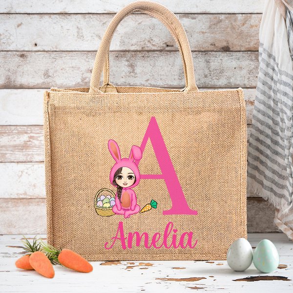 Sac en toile de jute personnalisé avec le nom du lapin de Pâques Cadeau d'anniversaire pour les garçons et les filles