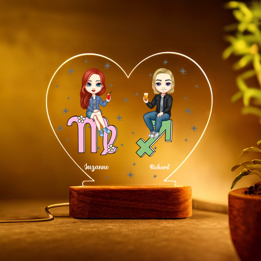 Veilleuse LED Acrylique Personnalisée avec Personnages et Nom du Couple Décoration de Chambre avec Socle en Bois Cadeau Saint-Valentin pour Couple