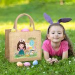 Personalised Rainbow Bunny Ear Cartoon Character Jute Tote Bag with Name Reusable Easter Party Gift for Kids