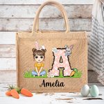 Personalisierte Niedliche Cartoon-Charakter Kaninchen Blumen Jute Tasche mit Namen Initiale Tote Bag Ostern Eiersuche Party Geschenke für Kinder