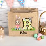Personalisierte Niedliche Cartoon-Charakter Kaninchen Blumen Jute Tasche mit Namen Initiale Tote Bag Ostern Eiersuche Party Geschenke für Kinder