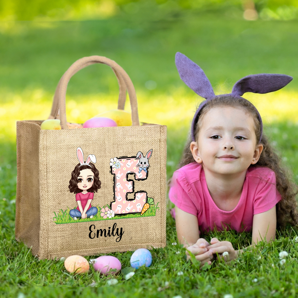 Sac à Main en Jute Personnalisé avec Nom Initiale et Personnage de Dessin Animé Cadeau de Pâques pour Enfant