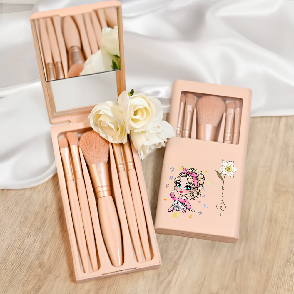 Coffret de brosses de maquillage personnalisé avec 5 brosses et miroir Accessoires de voyage Cadeau d'anniversaire et de mariage pour les femmes