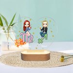 Personalized Cartoon Couple Zodiac Sign Heart-shaped Name LED Night Light with Wooden Base Home Decor Valentine's Day Anniversary Gift for Couple