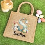 Coniglietto acquerellato personalizzato Fiori Uova iniziali Borsa in iuta con nome Regalo di compleanno di Pasqua per bambini