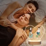 Personalized Cartoon Couple Zodiac Sign Heart-shaped Name LED Night Light with Wooden Base Home Decor Valentine's Day Anniversary Gift for Couple