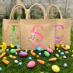 Personalizzato Cartoon personaggio costume coniglietto uova iniziale Iuta Tote Bag con nome regalo di compleanno di Pasqua per ragazzi ragazze