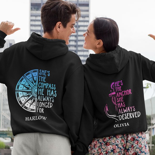 Personalised Anchor Compass Always Deserved Longed Couple T-shirt Sweatshirt Hoodie with Initial and Name Valentine's Day Anniversary Gift for Him Her