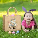 Coniglietto acquerellato personalizzato Fiori Uova iniziali Borsa in iuta con nome Regalo di compleanno di Pasqua per bambini