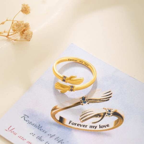 Personalised Birthstone Love Embrace Hug Adjustable Ring with Engraved Name and Card Dainty Jewellery Birthday Anniversary Gift for Women