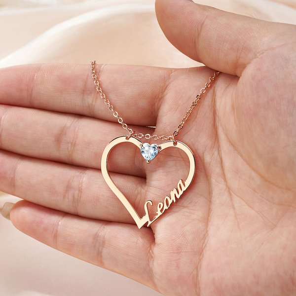 Personalized Heart Name Necklace with Heart Birthstone Ring Holder Pendant Dainty Jewelry Birthday Anniversary Valentine's Day Gift for Women