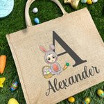 Personalizzato Cartoon personaggio costume coniglietto uova iniziale Iuta Tote Bag con nome regalo di compleanno di Pasqua per ragazzi ragazze